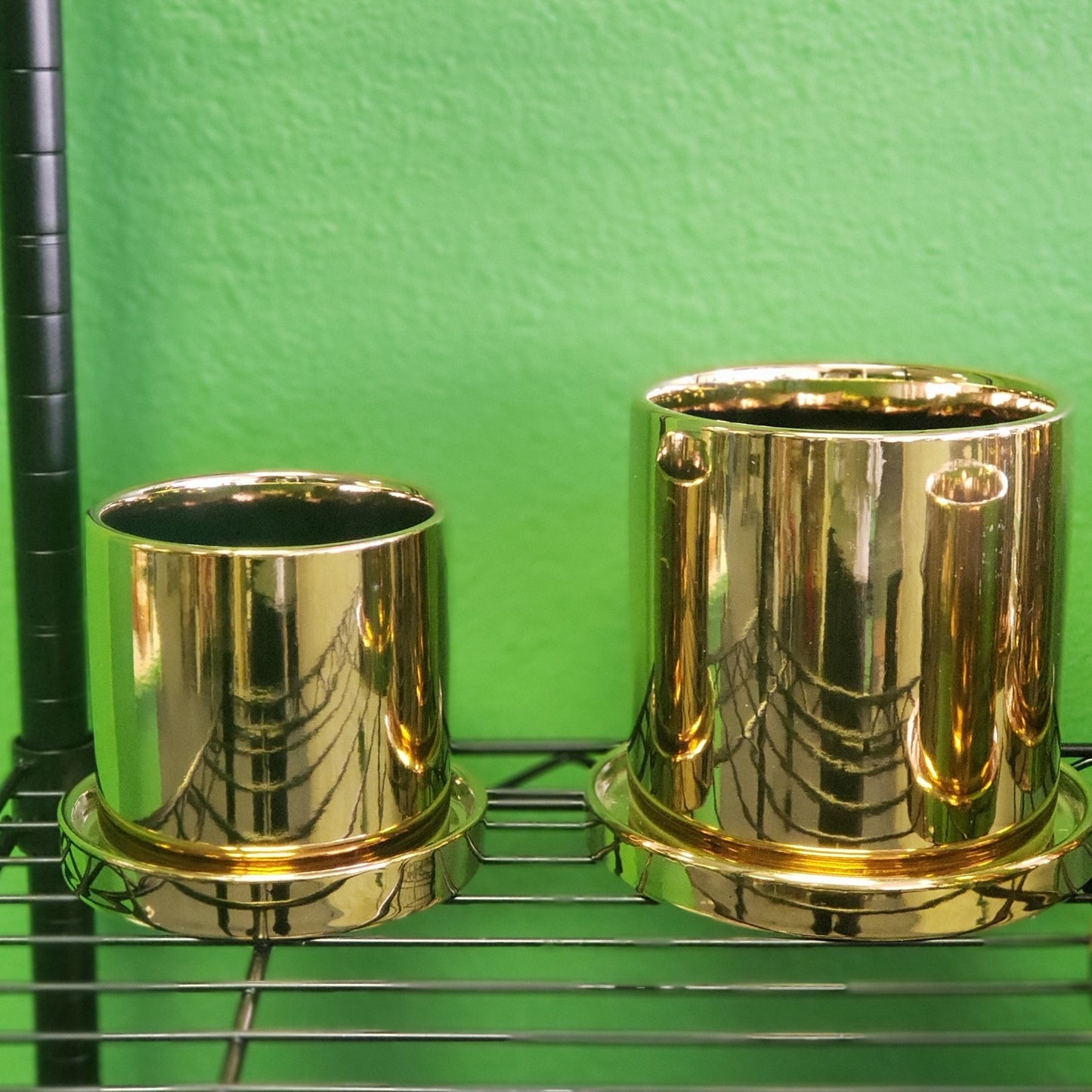 On SALE- Golden Cerami Plant Pot with Drainage & Saucer