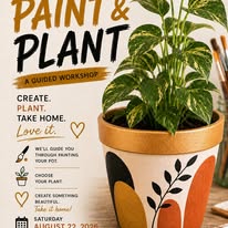 Paint and Plant workshop design: a terracotta pot painted with colorful shapes and a black leafy motif