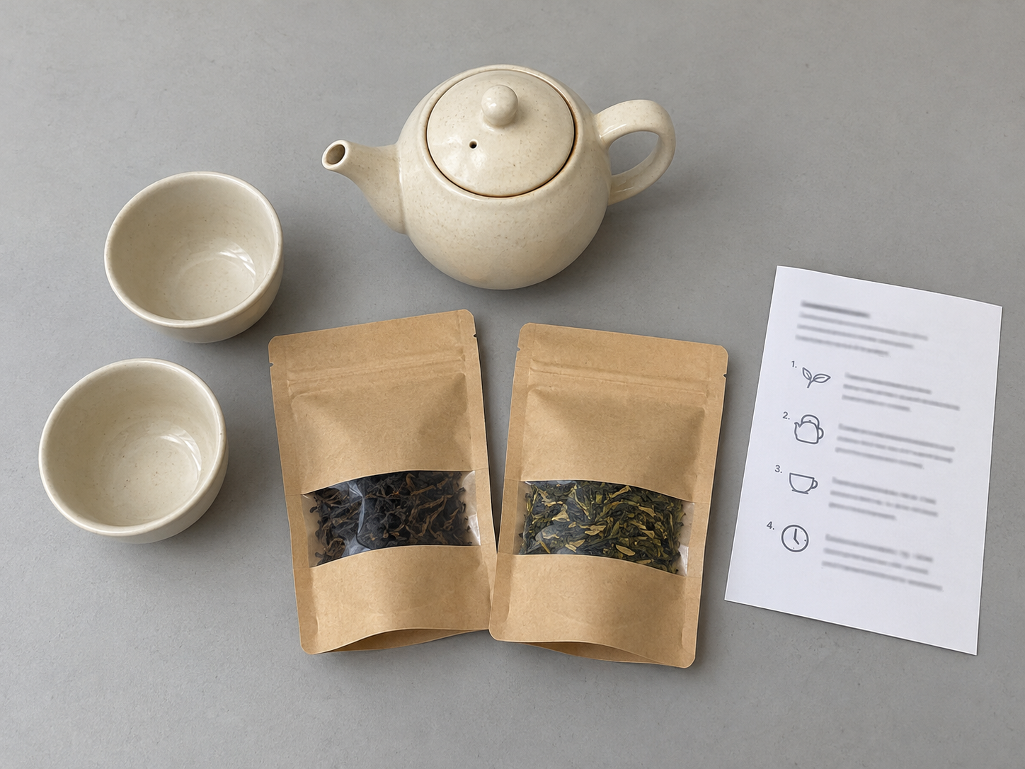 Illustrative tea kit with a ceramic teapot, two cups, tea, and instructions